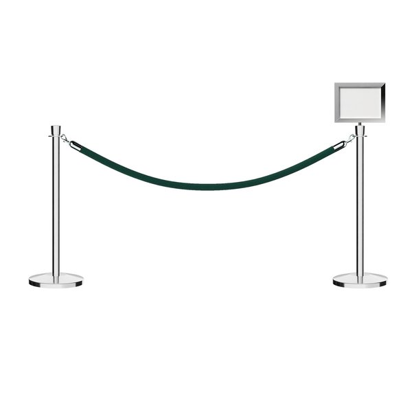 Montour Line Stanchion Post & Rope Kit Pol.Steel, 2CrownTop 1Green Rope 8.5x11H Sign C-Kit-1-PS-CN-1-Tapped-1-8511-H-1-PVR-GN-PS